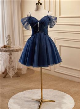 Picture of Navy Blue Tulle Beaded Short Prom Dresses, Blue Tulle Off Shoulder Homecoming Dresses